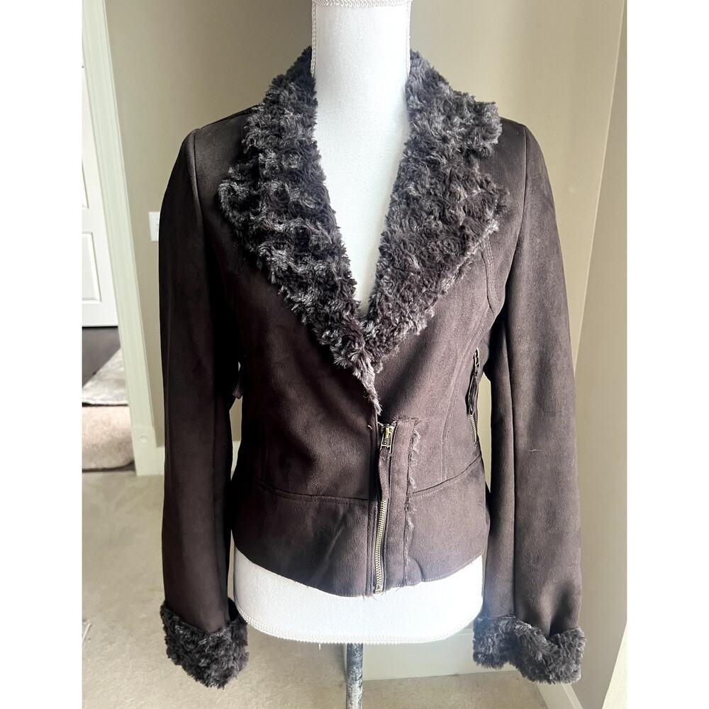 Ashley faux leather brown fur lined cropped jacket size M